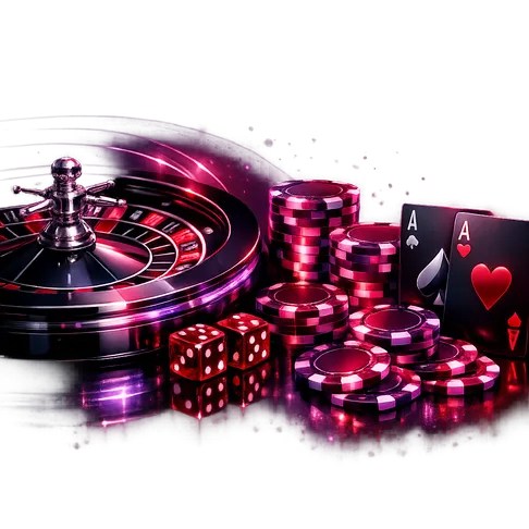 A sleek futuristic casino scene with elegant roulette, glowing chips, premium cards, and glossy dice on a dark, neon-lit back